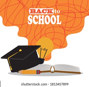back to school, graduation hat book pencil creativity elementary education vector illustration