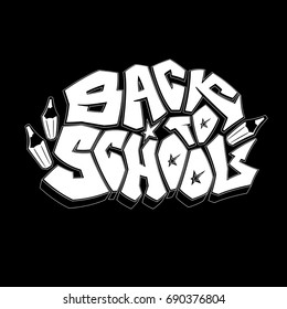 Back to School graffiti style vector logo. White text and pencils on a black background. Original comic urban font. Symbol of readiness for autumn school season. Banner dedicated for the 1 September.