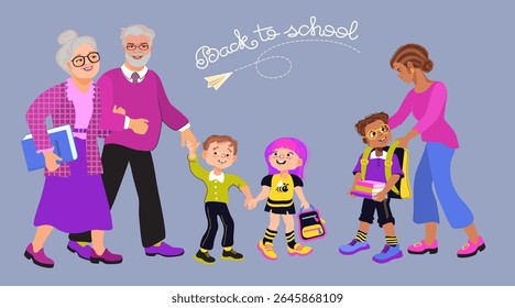 De volta à escola. Vovó e vovô levam o neto e a neta para a escola. Mamãe ajusta a mochila do filho. Estilo de vida familiar. Alunos e estudantes felizes. Ilustração de vetor de estilo plano