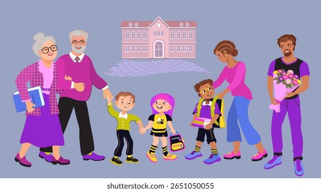 De volta à escola. Vovó e vovô levam o neto e a neta para a escola. Mamãe ajusta a mochila do filho. Estilo de vida familiar. Alunos e estudantes felizes. Ilustração de vetor de estilo plano
