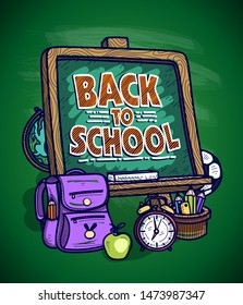De vuelta al afiche gráfico escolar o diseño de tarjetas con pizarra verde y herramientas escolares, ilustraciones vectoriales dibujadas a mano de arte