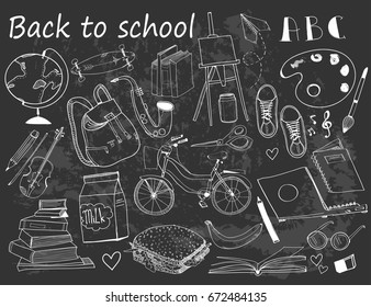 Back to school. Graphic vector set. All elements are isolated. Chalk style. White elements, black background