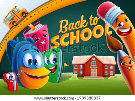 back to school graphics with bus and cartoon school characters set