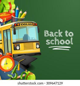 Back to school green background with bus pencils books and clock realistic vector illustration 