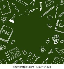 Back to school green background. Doodle style illustration with school objects