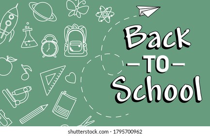 Back to school. Green background with education icons