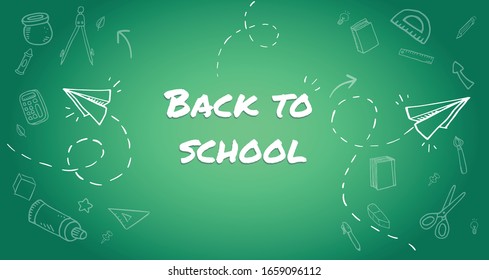 Back to school in green background with school items and elements

