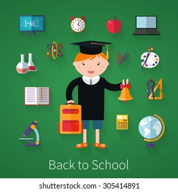 Back to school. Green background with school supplies. Vector illustration.