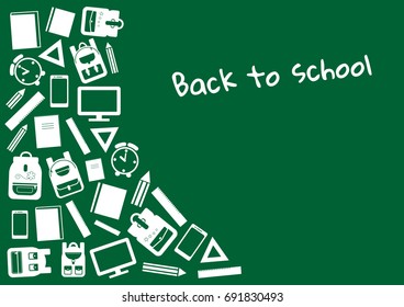 Back to school. Green background with white school supplies, vector illustration