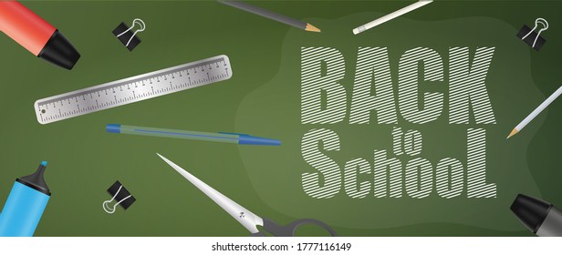Back to school green banner. School supplies, pen, pencil, marker, ruler, scissors, paper clip. Vector.