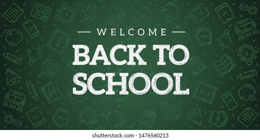 Back to school. Green blackboard background. School, office supplies. Doodle icons set and chalk inscription. Simple realistic design. Banner, poster template. Flat style vector illustration.