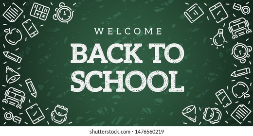 Back to school. Green blackboard background. School, office supplies. Doodle icons set and chalk inscription. Simple realistic design. Banner, poster template. Flat style vector illustration.
