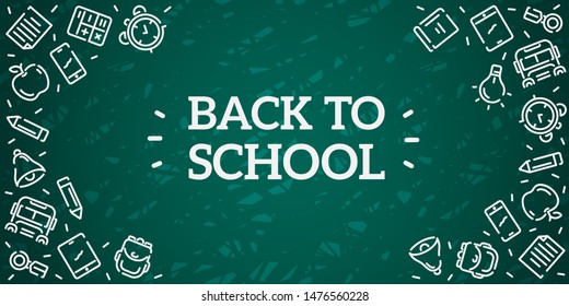 Back to school. Green blackboard background. School, office supplies. Doodle icons set and chalk inscription. Simple realistic design. Banner, poster template. Flat style vector illustration.