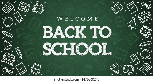 Back to school. Green blackboard background. School, office supplies. Doodle icons set and chalk inscription. Simple realistic design. Banner, poster template. Flat style vector illustration.