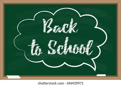 Back to school. Green blackboard with chalk drawn inscription. Speech bubble.