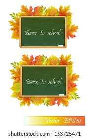 Back to school. Green board and autumn leaves - vector eps 10. 