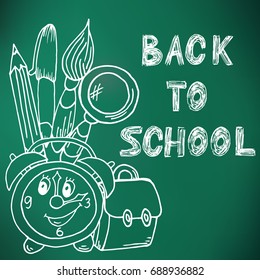 Back to school. Green board. Drawing with chalk. Doodle image. Hand drawing