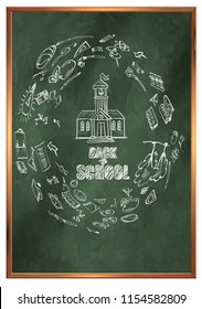 Back to school. Green school board with drawings on the theme of education