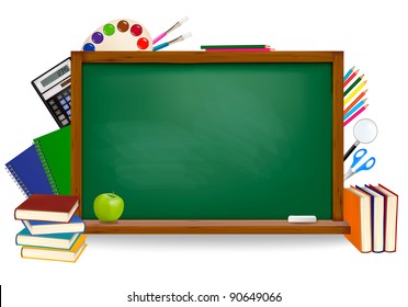 Back to school. Green board with school supplies. Vector.