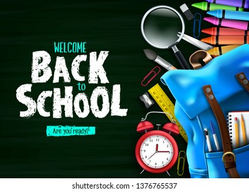 Back to School In Green Chalkboard Background Banner with Blue Backpack and School Supplies Like Notebook, Pen, Pencil, Colors, Ruler, Magnifying Glass, Eraser, Paper Clip, Sharpener, Alarm Clock