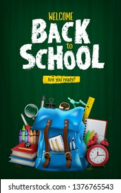 Back to School In Green Chalkboard Background Vertical Poster with Blue Backpack and School Supplies Like Notebook, Pen, Pencil, Colors, Ruler, Magnifying Glass, Eraser, Paper Clip, Sharpener