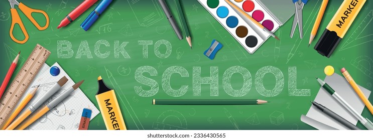 Back to school green chalkboard banner with pens pencils markers watercolor paints and stationery realistic vector illustration