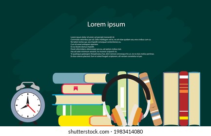 Back to school. Green chalkboard with school supplies. Vector. Copy space
