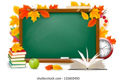  Back to school. Green desk with school supplies and autumn leaves. Vector.