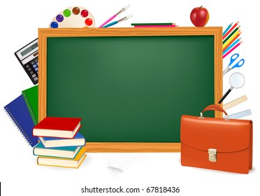 Back to school. Green desk with school supplies. Vector.