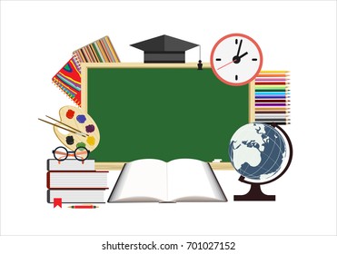 Back to school. Green desk with school supplies. Vector.