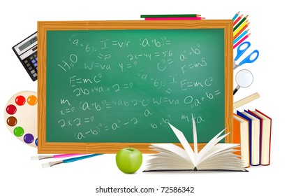 Back to school. Green desk with school supplies. Vector.