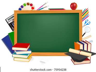 Back to school. Green desk with school supplies. Vector.