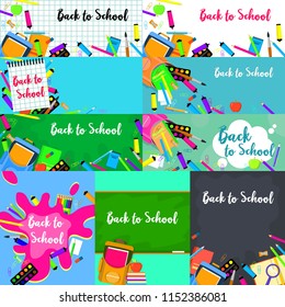 Back to school green desk tools supplies banner concept set. Flat illustration of 9 back to school green desk tools supplies vector banner concepts for web
