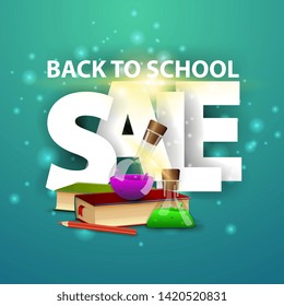 Back to school, green discount banner with books and chemical flasks