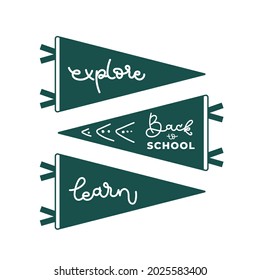 Back to school green pennants. Explore and learn. Vector illustration, flat design