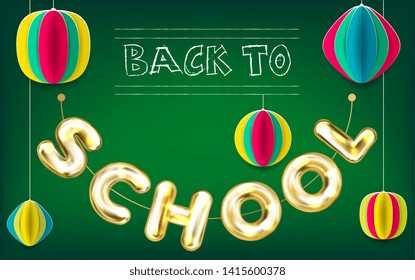 Back to School green poster with golden foil balloon lettering