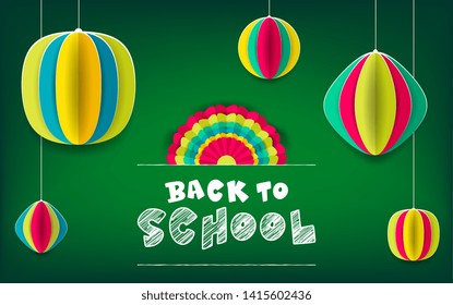 Back to School green poster with paper lamps
