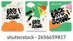 back to school green set of vertical cards, creative vector illustration, template poster, banner, cover