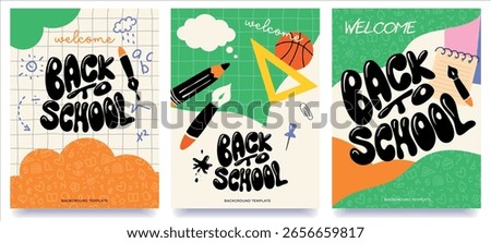 back to school green set of vertical cards, creative vector illustration, template poster, banner, cover