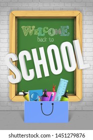 Back to school green textured blackboard colorful banner concept for sale ad with handdrawn text. Wooden chalkboard welcoming poster with study supplies ruler, pencils, copybook, magnifier and markers