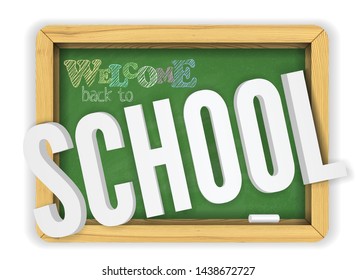 Back to school green textured chalkboard colorful banner for promo with hand drawn text message. Realistic chalk board welcomes kids back after holidays.