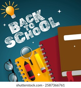 back to school greeting background with books, pencil, pen and glasses