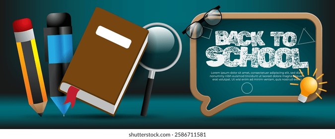 back to school greeting banner background with  pencil, pen, book, glasses and magnifying glass.