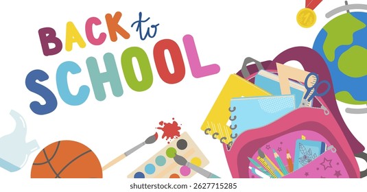 Back to school greeting banner, flyer with backpack, school bag, globe, pencil. Vector illustration. Hand drawn