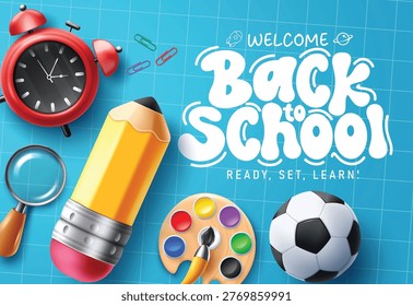 Back to School greeting blue banner clipart design. Classroom learning materials like pencil, alarm clock, soccer ball, watercolor and magnifying glass with Back to School greeting text clip art in blue grid background for education template and School promotion vector illustration.
