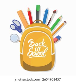 Back to school greeting card with school bag and colorful supplies flat illustrations for education and student design projects