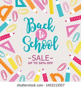 Back to school greeting card with border - clips and pencils. Perfect for educational posters