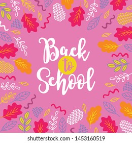 Back to school greeting card with border - colorful leaves, dots, wave lines. Perfect for educational posters