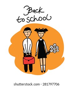 Back to school greeting card. Boy and girl going to school