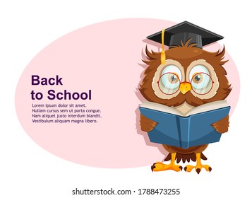 Back to school greeting card with cute wise owl reading book. Funny owl cartoon character. Vector illustration